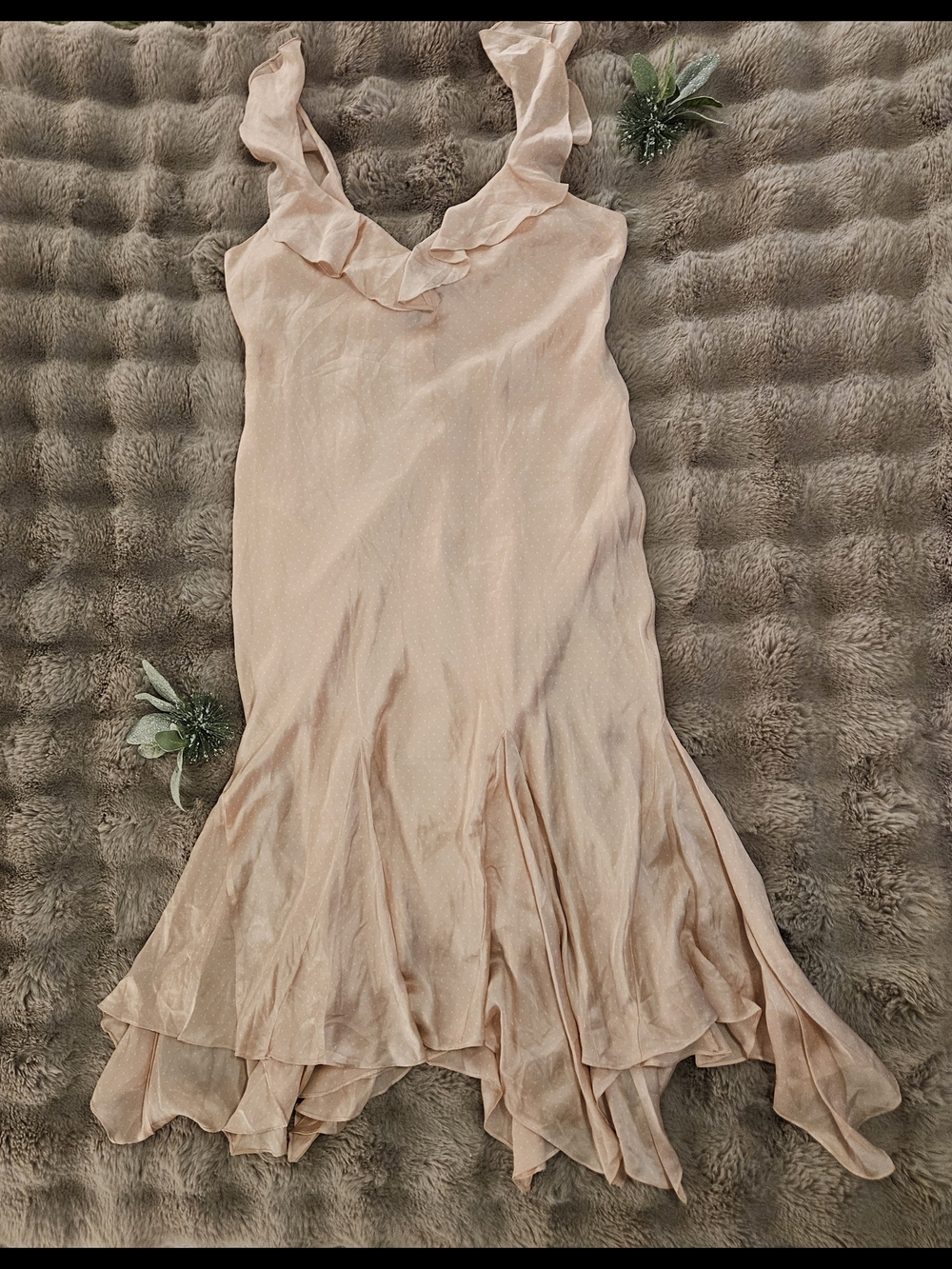 Lauren Ralph Lauren 100% Silk Pink Polka Dot Ruffle Midi Dress Women's 14 - Picture 2 of 8